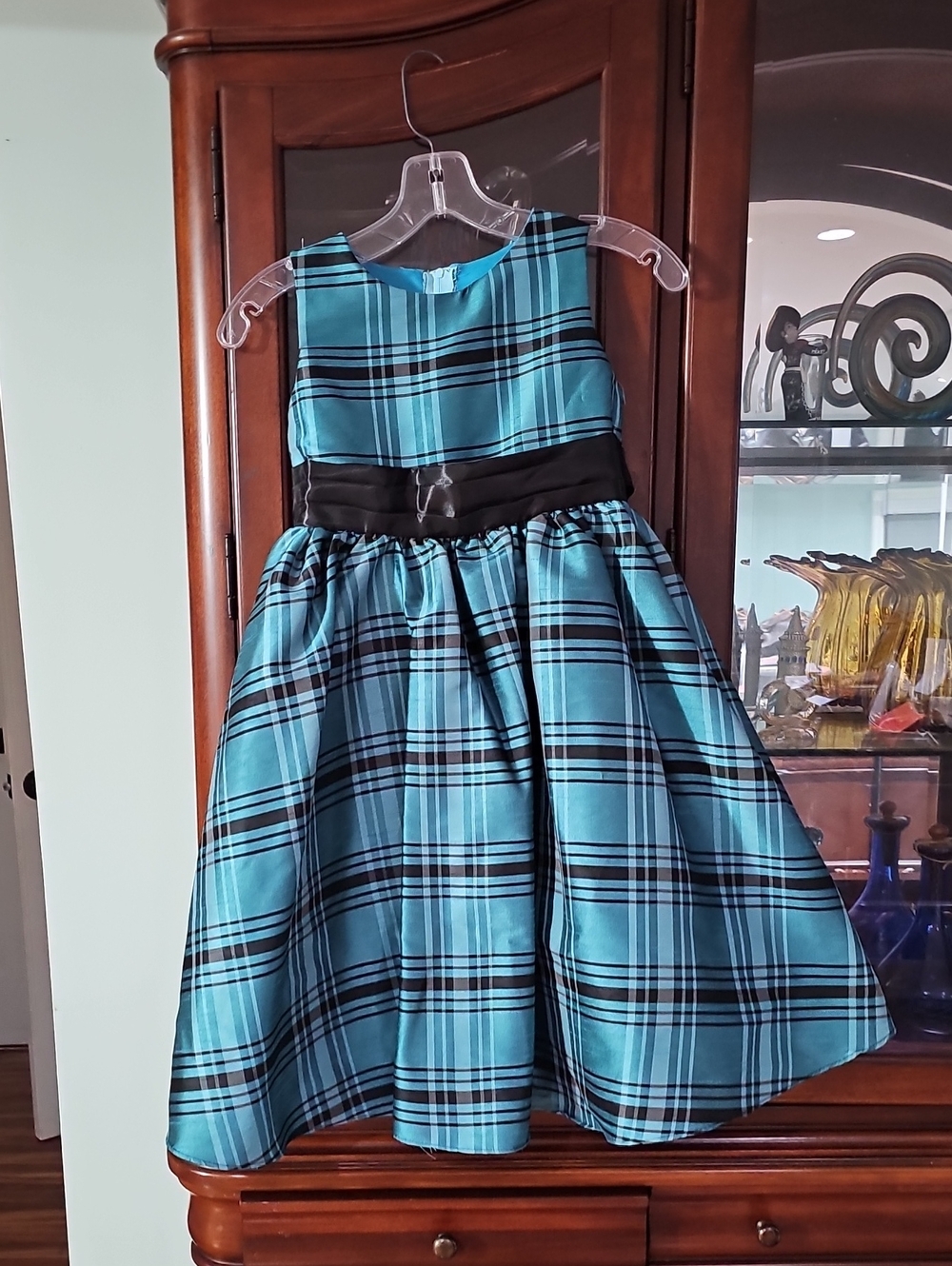 Ellie  Turquoise Plaid Party Dress with Black Waistband & Bow Size 8